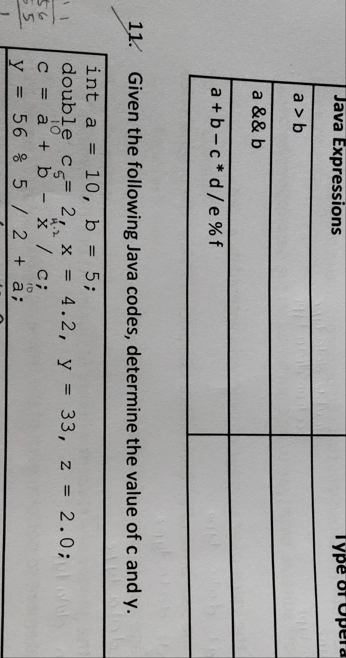 Java Expressions Type of Opera
11. Given the following Java codes, determine the value of c and y.
int a=10,b=5;
double c.= 2, x = 4.2, y = 33, z = 2.0;
c=a+b-x/c;
y=56beginarrayr circ  circ endarray 5/2+beginarrayr circ  aendarray ;