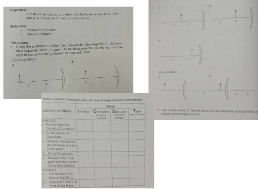 D.
Objective: C.
Construct ray diagrams to determine the location, orientation, size,
and type of images formed by curved mirror.
C F
C
Materials: F
Protractor and ruler
Sheets of paper
E.
Procedure: below
1. Using the protractor and the ruler, copy each of the diagrams (A-G)
on a separate sheet of paper. As much as possible, use the four principal
rays to locate the image formed in a curved mirror.
Concave Mirror F
B.
C
A.
Convex Mirror
F.
C F
C F
Table 6. Location, Orien
2. Use a table similar to Table 6 below to summarize the characteristics a
location of the images formed.
front of the Mirror