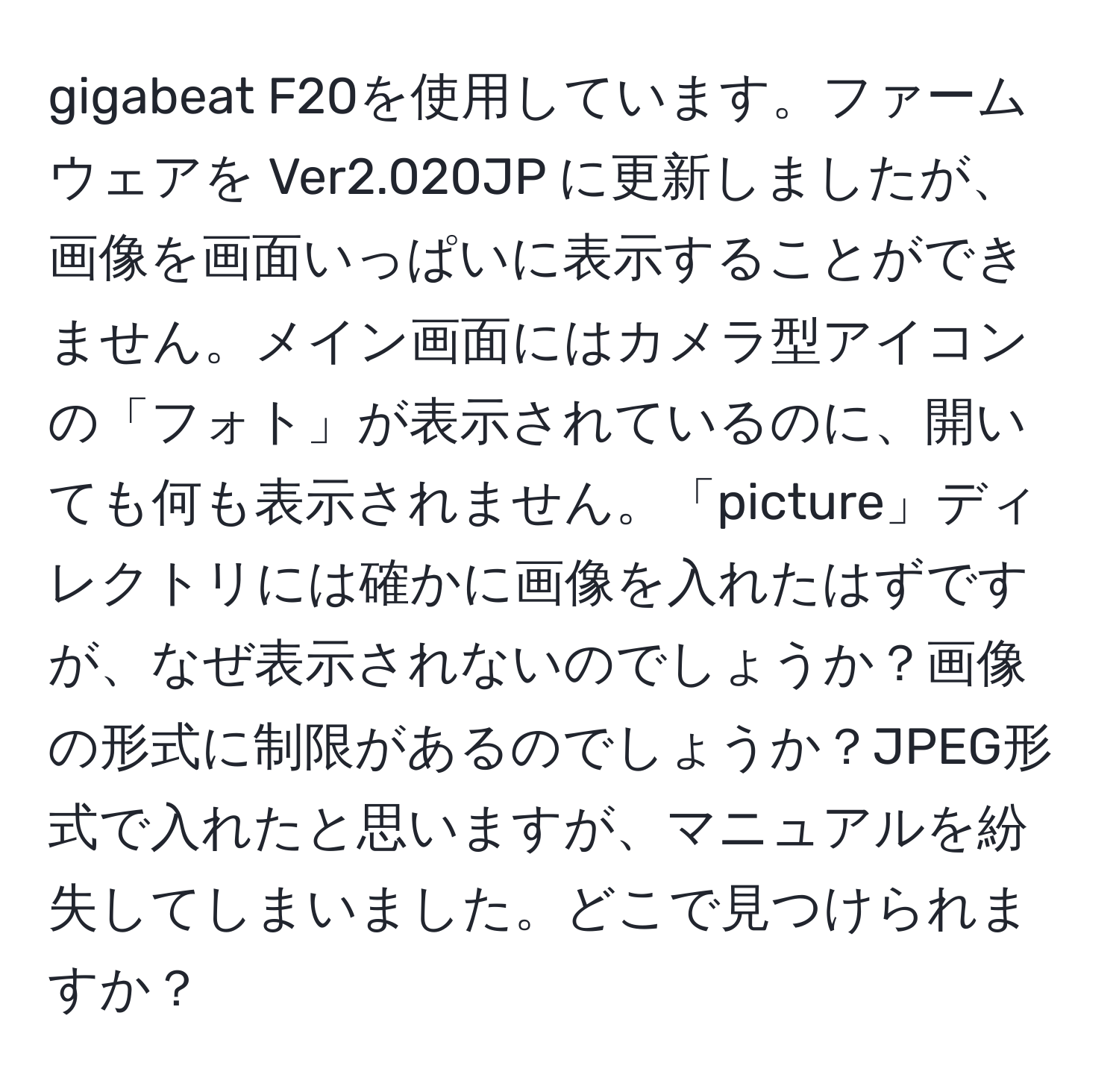 gigabeat F20を使用しています。ファームウェアを Ver2.020JP に更新しましたが、画像を画面いっぱいに表示することができません。メイン画面にはカメラ型アイコンの「フォト」が表示されているのに、開いても何も表示されません。「picture」ディレクトリには確かに画像を入れたはずですが、なぜ表示されないのでしょうか？画像の形式に制限があるのでしょうか？JPEG形式で入れたと思いますが、マニュアルを紛失してしまいました。どこで見つけられますか？