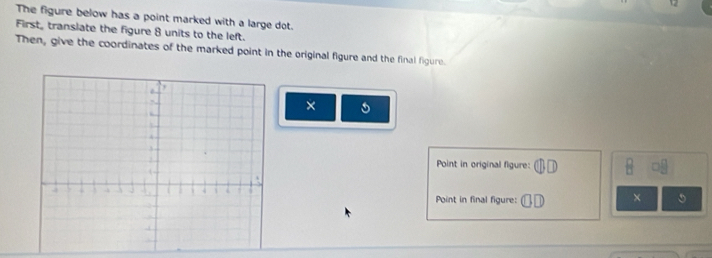 The figure below has a point marked with a large dot. 
First, translate the figure 8 units to the left. 
Then, give the coordinates of the marked point in the original figure and the final figure. 
× 
Point in original figure: 
Point in final figure: ×