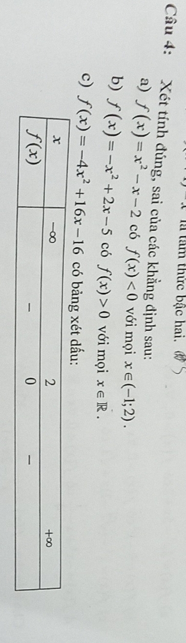 là tâm thức bậc hai.
Câu 4: Xét tính đúng, sai của các khẳng định sau:
a) f(x)=x^2-x-2 có f(x)<0</tex> với mọi x∈ (-1;2).
b) f(x)=-x^2+2x-5 có f(x)>0 với mọi x∈ R.
c) f(x)=-4x^2+16x-16 có bảng xét dấu: