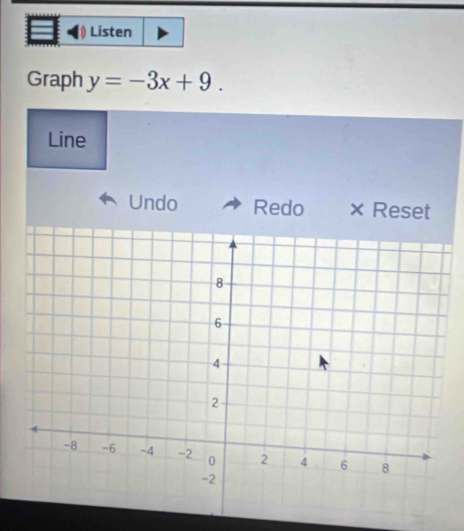 Listen 
Graph y=-3x+9. 
Line 
Undo Redo × Reset