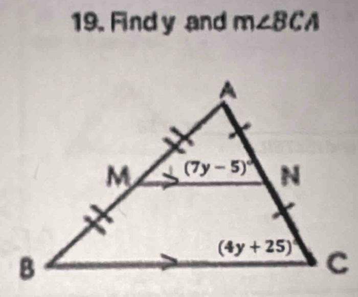 Find y and m∠ BCA