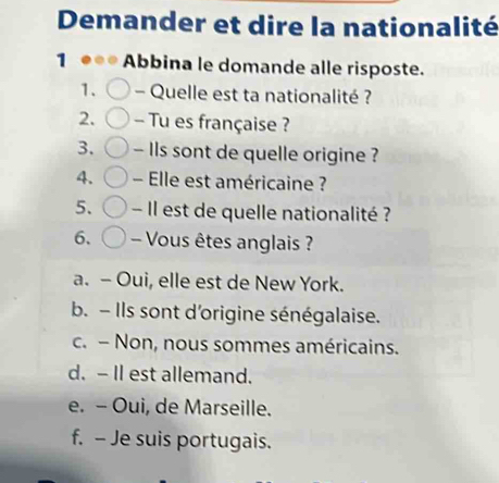 Demander et dire la nationalité
1 00 Abbina le domande alle risposte.
1. - Quelle est ta nationalité ?
2. - Tu es française ?
3. - Ils sont de quelle origine ?
4. - Elle est américaine ?
5. - Il est de quelle nationalité ?
6. - Vous êtes anglais ?
a. - Oui, elle est de New York.
b. - Ils sont d'origine sénégalaise.
c. - Non, nous sommes américains.
d. - II est allemand.
e. - Oui, de Marseille.
f. - Je suis portugais.