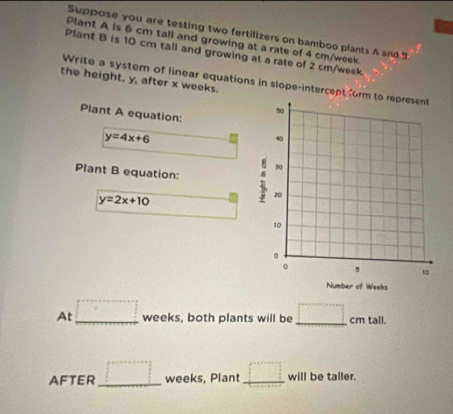 Suppose you are testing two fertilizers on bamboo plants A and 3
Plant A is 6 cm tall and growing at a rate of 4 cm/week
Plant B is 10 cm tall and growing at a rate of 2 cm/week. 
the height, y, after x weeks. 
Write a system of linear equations in slope-intercept f 
Plant A equation:
y=4x+6
Plant B equation:
y=2x+10
At □ weeks, both plants will be □ cm tall. 
AFTER □ weeks, Plant _  will be taller.