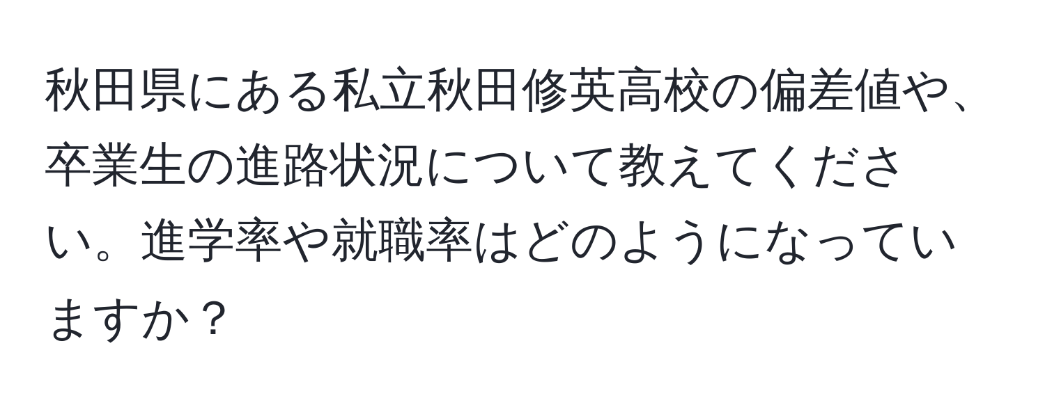 秋田県にある私立秋田修英高校の偏差値や、卒業生の進路状況について教えてください。進学率や就職率はどのようになっていますか？