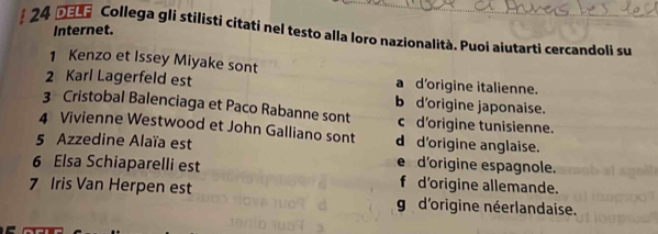 Dε_ Collega gli stilisti citati nel testo alla Ioro nazionalità. Puoi aiutarti cercandoli su Internet.
1 Kenzo et Issey Miyake sont a d’origine italienne.
2 Karl Lagerfeld est b d'origine japonaise.
3 Cristobal Balenciaga et Paco Rabanne sont c d'origine tunisienne.
4 Vivienne Westwood et John Galliano sont d d’origine anglaise.
5 Azzedine Alaïa est e d'origine espagnole.
6 Elsa Schiaparelli est f d’origine allemande.
7 Iris Van Herpen est g d'origine néerlandaise.