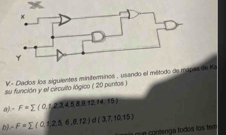 Dados los siguientes miniterminos , usando el método de mapas de Ka 
su función y el circuito lógico ( 20 puntos ) 
a). -F=sumlimits (0,1,2,3,4,5,8,9,12,14,15)
b). F=sumlimits (0,1,2,5,6,8,12) d (3,7,10,15)
nio que contenga todos los tem