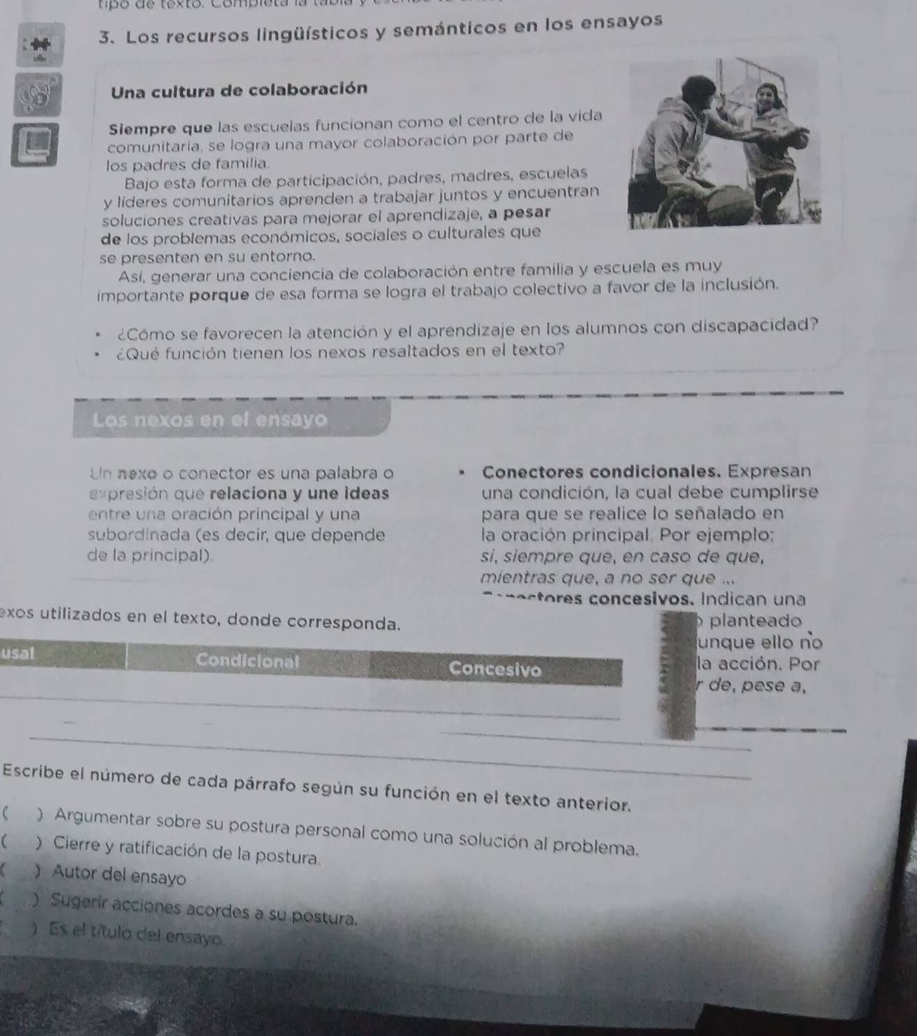 tipo de texto. Completa la  
3. Los recursos lingüísticos y semánticos en los ensayos
Una cultura de colaboración
Siempre que las escuelas funcionan como el centro de la vida
comunitaria, se logra una mayor colaboración por parte de
los padres de familia.
Bajo esta forma de participación, padres, madres, escuelas
y líderes comunitarios aprenden a trabajar juntos y encuentran
soluciones creativas para mejorar el aprendizaje, a pesar
de los probiemas económicos, sociales o culturales que
se presenten en su entorno.
Así, generar una conciencia de colaboración entre familia y escuela es muy
importante porque de esa forma se logra el trabajo colectivo a favor de la inclusión.
¿Cómo se favorecen la atención y el aprendizaje en los alumnos con discapacidad?
¿Qué función tienen los nexos resaltados en el texto?
Los nexos en el ensayo
Un nexo o conector es una palabra o Conectores condicionales. Expresan
expresión que relaciona y une ideas una condición, la cual debe cumplirse
entre una oración principal y una para que se realice lo señalado en
subordinada (es decir, que depende  la oración principal. Por ejemplo:
de la principal). si, siempre que, en caso de que,
mientras que, a no ser que ...
cec o      o ncesivos. In dica   u na 
exos utilizados en el texto, donde corresponda. planteado
unque ello no
usat Condicional Concesivo la acción. Por
_
r de, pese a,
_
_
Escribe el número de cada párrafo según su función en el texto anterior.
( ) Argumentar sobre su postura personal como una solución al problema.
( ) Cierre y ratificación de la postura.
C ) Autor del ensayo
C ) Sugerir acciones acordes a su postura.
) Es el título del ensayo