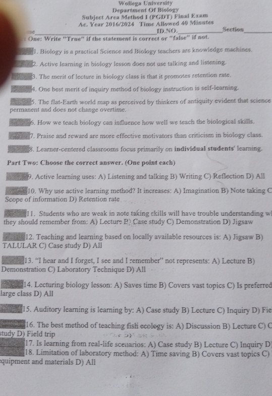 Solved: Wollega University Department Of Biology Subject Area Method I ...