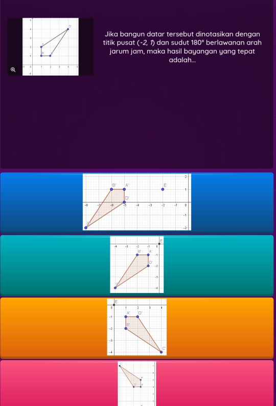Jika bangun datar tersebut dinotasikan dengan 
titik pusat (-2, 1) dan sudut 180° berlawanan arah 
jarum jam, maka hasil bayangan yang tepat 
adalah...