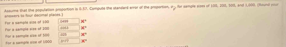 Assume that the population proportion is 0.57. Compute the standard error of the proportion, sigma _overline p' for sample sizes of 100, 200, 500, and 1,000. (Round your 
answers to four decimal places.) 
For a sample size of 100 .0499 X^n
For a sample size of 200 .0353 X°
For a sample size of 500 025 x°
For a sample size of 1000 0177 x°