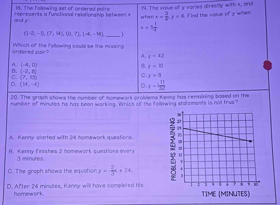 The following set of ordered pairs
19. The value of y varies directly with x, and
represents a functional relationship between x when x= 3/4 , y=6. Find the value of y when
and y :
x=5 1/4 .
 (-2,-1),(7,14),(0,7),(-4,-14), _ 
Which of the following could be the missing
ordered pair?
A. y=42
A. (-4,0) B. y=10
B. (-2,8)
C. (7,13)
C. y=8
D. (14,-4) D. y=1 11/32 
20. The graph shows the number of homework problems Kenny has remaining based on the
number of minutes he has been working. Which of the following statements is not true?
A. Kenny started with 24 homework questions.
B. Kenny finishes 2 homework questions every
3 minutes.
C. The graph shows the equation y=- 2/3 x+24,
D. After 24 minutes, Kenny will have completed his
homework.