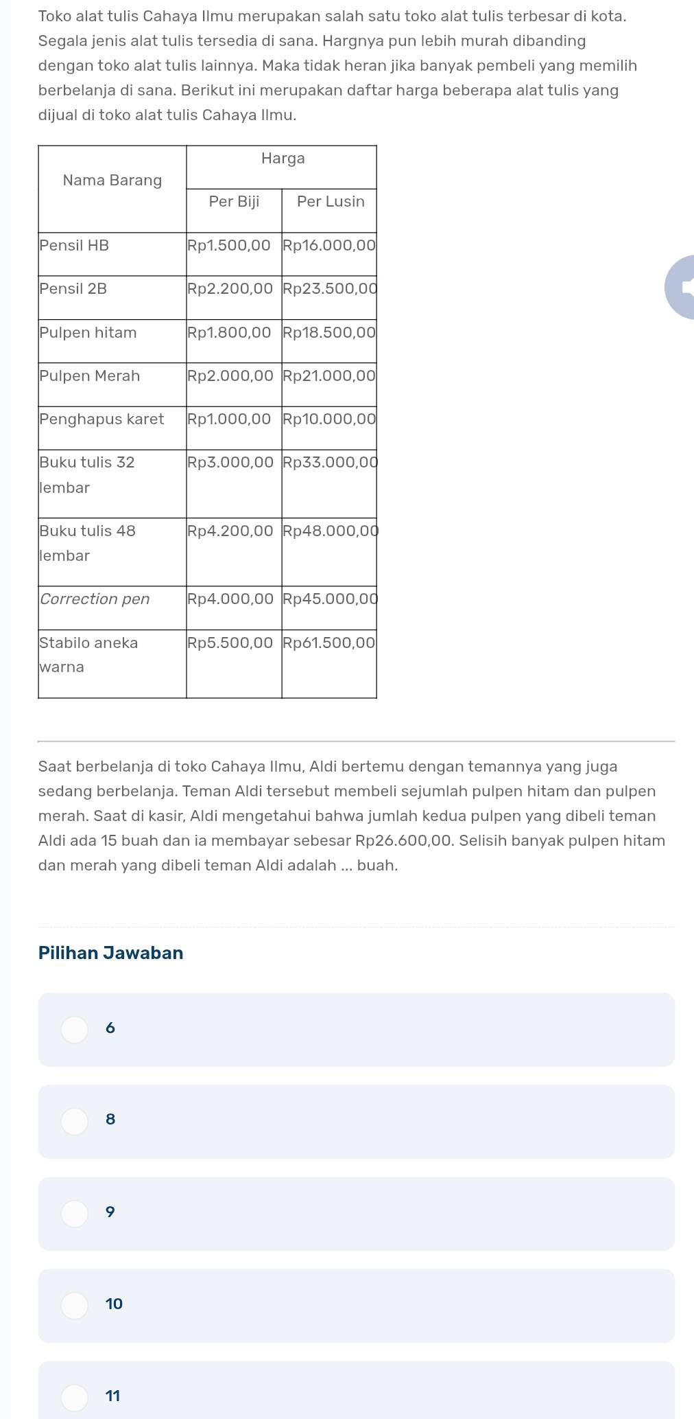 Toko alat tulis Cahaya Ilmu merupakan salah satu toko alat tulis terbesar di kota.
Segala jenis alat tulis tersedia di sana. Hargnya pun lebih murah dibanding
dengan toko alat tulis lainnya. Maka tidak heran jika banyak pembeli yang memilih
berbelanja di sana. Berikut ini merupakan daftar harga beberapa alat tulis yang
dijual di toko alat tulis Cahaya Ilmu.
Saat berbelanja di toko Cahaya Ilmu, Aldi bertemu dengan temannya yang juga
sedang berbelanja. Teman Aldi tersebut membeli sejumlah pulpen hitam dan pulpen
merah. Saat di kasir, Aldi mengetahui bahwa jumlah kedua pulpen yang dibeli teman
Aldi ada 15 buah dan ia membayar sebesar Rp26.600,00. Selisih banyak pulpen hitam
dan merah yang dibeli teman Aldi adalah ... buah.
Pilihan Jawaban
6
8
9
10
11