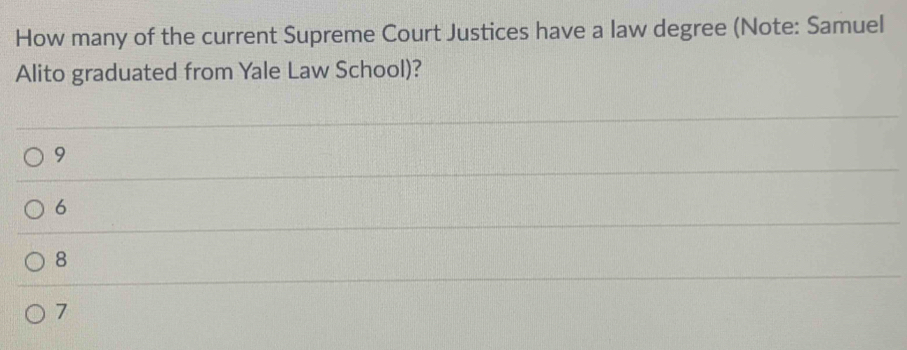 How many of the current Supreme Court Justices have a law degree (Note: Samuel
Alito graduated from Yale Law School)?
9
6
8
7