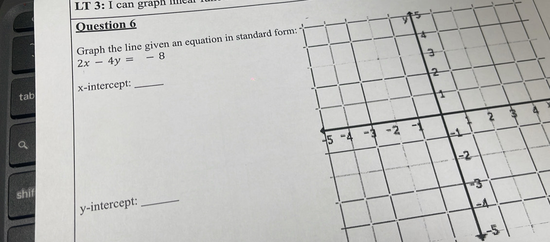 LT 3: I can graph lea 
Question 6 
Graph the line given an equation in standard form
2x-4y=-8
tab x-intercept:_ 
_ 
shif 
y-intercept: