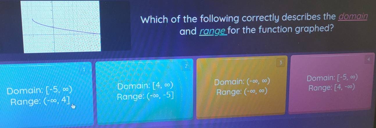 Which of the following correctly describes the domain
and rangefor the function graphed?
3
4
2
Domain:
Domain:
Domain: [-5,∈fty ) Domain: [4,∈fty ) (-∈fty ,∈fty ) [-5,∈fty )
Range: Range:
Range: (-∈fty ,4] Range: (-∈fty ,-5] (-∈fty ,∈fty ) [4,-∈fty )