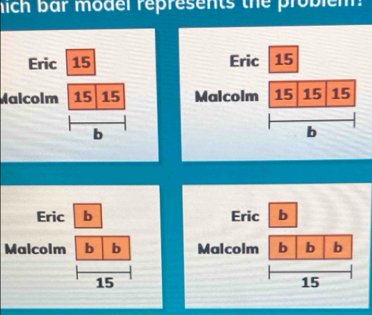 hich bar model represents the probiem. 
Eric 15
Malcolm 15 15
b 
Eric b Eric b 
Malcolm b b Malcolm b b b
15
15