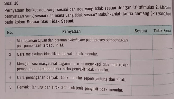 Soal 10 
Pernyataan berikut ada yang sesuai dan ada yang tidak sesuai dengan isi stimulus 2. Manakah 
pernyataan yang sesuai dan mana yang tidak sesuai? Bubuhkanlah tanda centang (✔) yang tepa 
pada kolom Sesuai atau Tidak Sesuai. 
ai