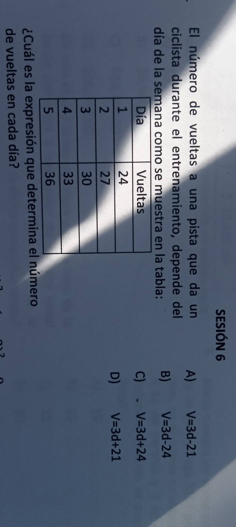 SESIÓN 6
El número de vueltas a una pista que da un V=3d-21
A)
ciclista durante el entrenamiento, depende del
día de la semana como se muestra en la tabla:
B) V=3d-24
C) V=3d+24
D) V=3d+21
¿Cuál es la expresión que determina el número
de vueltas en cada día?