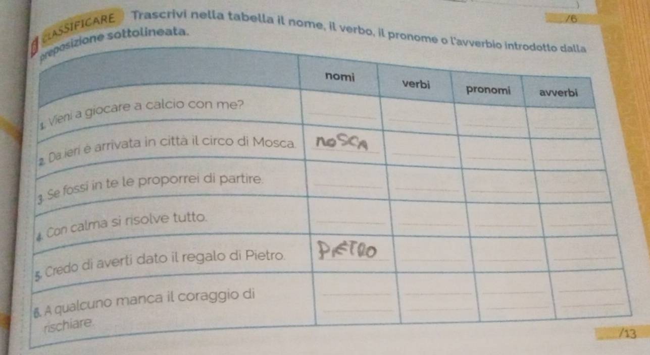 ASSIFICARE Trascrivi nella tabella il nome, il verbo, il pr 
sottolineata. 
3