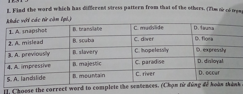 IESI 
I. Find the word which has different stress pattern from that of the others. (Tìm từ có trọn 
i các từ còn lại.) 
II. Choose the correct word to h