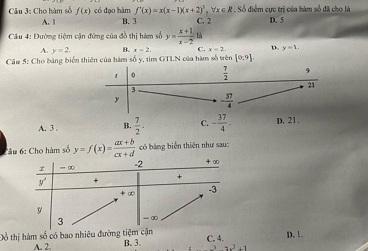 Cho hàm số f(x) có đạo hàm f'(x)=x(x-1)(x+2)^3,forall x∈ R. Số điểm cực trị của hàm số đã cho là
A. 1 B. 3 C. 2 D. 5
Câu 4: Đường tiệm cận đứng của đồ thị hàm số y= (x+1)/x-2  là
D.
A. y=2. B. x=2. C. x=2. y=1.
Câu 5: Cho bảng biến thiên của hàm số y, tìm GTLN của hàm số trên [0;9].
C.
A. 3 .
B.  7/2 . - 37/4 .
D. 21.
Câu 6: Cho hàm số y=f(x)= (ax+b)/cx+d  có bảng biến thiên như sau:
Đồ thị hàm số có bao nhiêu đường tiệm cận D. 1.
A. 2. B. 3.
C. 4.
x^33x^2+1