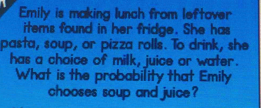 Emily is making lunch from leftover 
items found in her fridge. She has 
pasta, soup, or pizza rolls. To drink, she 
has a choice of milk, juice or water. 
What is the probability that Emily 
chooses soup and juice ?