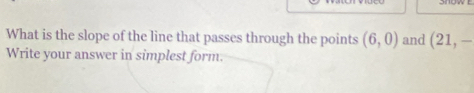 What is the slope of the line that passes through the points (6,0) and (21,-
Write your answer in simplest form.