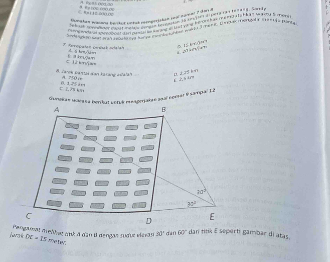 B. Rp100.000,00 A. Rp95 000,00
C. Rp110.000,00
Gunakan wacana berikut untuk mengerjakan soal nomor 7 dan 8
Sebuah speedboar danat melaiu dengan kęcebatan 36 km/jam di perairan tenang. Sandy
mengendarai speedboot dari pantai ke karang di laut yang berombak membutuhkan waktu 5 menit
Sedangkan saat aran sebaliknya hanya membutuhkan waktu 3 menit. Ombak mengalir menuju pantai
7. Kecepatan ombak adalah ....
A. 6 km/jam
E. 20 km/jam D. 15 km/jam
8. 9 km/jam
C. 12 km/jam
8. Jarak pantai dan karang adalah ...⋅ D. 2,25 km
A. 750 m
E. 2,5 km
B. 1,25 km
C. 1,75 km
Gunakan wacana berikut untuk mengerjakan soal nomor 9 sampai 12
Pengamat melihat titik A dan B dengan sudut elevasi 30° dan 60° dari titik E seperti gambar di atas.
jarak DE=15 meter.