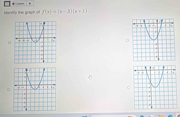 ◢ Listen 
Identify the graph of f(x)=(x-3)(x+1).