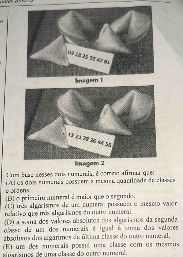 untos Básicos
o
Imagem 1
Imagem 2
Com base nesses dois numerais, é correto afirmar que:
(A) os dois numerais possuem a mesma quantidade de classes
e ordens.
(B) o primeiro numeral é maior que o segundo.
(C) três algarismos de um numeral possuem o mesmo valor
relativo que três algarismos do outro numeral.
(D) a soma dos valores absolutos dos algarismos da segunda
classe de um dos numerais é igual à soma dos valores
absolutos dos algarimos da última classe do outro numeral.
(E) um dos numerais possui uma classe com os mesmos
algarismos de uma classe do outro numeral.