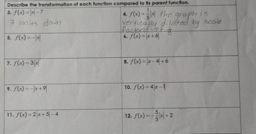 Describe the transformation of each function compared to its parent function.