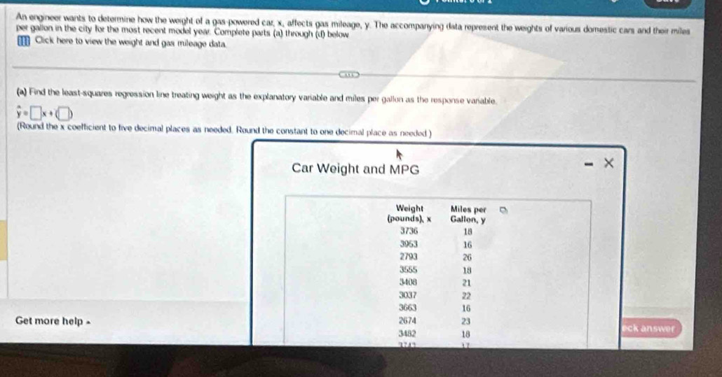 An engineer wants to determine how the weight of a gas-powered car, x, affects gas mileage, y. The accompanying data represent the weights of various domestic cars and their miles
per gallon in the city for the most recent model year. Complete parts (a) through (d) below 
Click here to view the weight and gas mileage data. 
(a) Find the least-squares regression line treating weight as the explanatory variable and miles per gallon as the response variable.
hat y=□ x+(□ )
(Round the x coefficient to five decimal places as needed. Round the constant to one decimal place as needed ) 
Car Weight and MPG
× 
Weight Miles per 
(pounds)、 x Gallon, y
3736 18
3953 16
2793 26
3585 18
3408 21
3037 22
3663 16
Get more help - 2674 23 eck answer
3482 18
1743 17