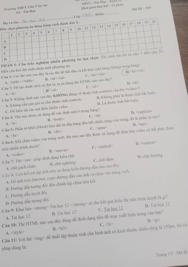 MÖN : Tin Học - Khối 1 
Trường THPT Chu Văn An
Tổ : Tín Học Thời gian làm bài : 15 phát,
Mã Đề : 209
16p :   Điễm _
H
PHẢN I: Câu trắ
Mỗi câu hồi thí sinh chọn một phương án.
Cầu 1: Các thẻ nào sau đây là các thẻ để bắt đầu và kết thúc một hàng (dòng) trong bằng?
A. B. C. D.
D.
Cầu 2: Để tạo danh sách có thứ tự, ta sử dụng thẻ HTML nào sau đây?
A. B. C.
Cầu 3: Khẳng định nào sau đây KHÔNG đủng về thuộc tính controls của thê ?
A. Không cần gán giá trị cho thuộc tính controls. B. Không phải là thuộc tính bắt buộc
C. Để hiển thị các nút điều khiển video. D. Là thuộc tính bắt buộc.
Câu 4: Thẻ nào được sử dụng để xác định một ô trong bảng?
D.
A. B. C.
Câu 5: Phần tử khối (block) kéo dài từ đầu hàng đến hết chiều rộng của trang, đó là phần từ nào?
D.
A. B. C.
Câu 6: Khi chèn video vào trang web, thê nào sau đây được sử dụng để đảm bảo video có thể phát được
trên nhiều trình duyệt?
A. B. C. D.
Câu 7: Thê giúp định dạng kiểu chữ
A. chữ gạch chân. B. chữ nghiêng. C. chữ đậm. D. chữ thường
Câu 8: Liên kết tới tệp ảnh nên sử dụng kiểu đường dẫn nào sau đây:
A. Để ảnh trên Internet, copy đường dẫn của ảnh và chên vào trang web.
B. Đường dẫn tương đối đến chính tệp chứa liên kết.
C. Đường dẫn tuyệt đối.
D. Đường dẫn tương đối
Cầu 9: Khai báo Tin học 12 sẽ cho kết quả hiến thị trên trình duyệt là gi?
A. Tin học 12 B. Tin học 12 C. Tin học 12 D. Tin học 12
Cầu 10: Thẻ HTML nào sau đây dùng đề định dạng tiêu đề mục xuất hiện trong văn bản?
A. B. C. D.
Câu 11: Với thẻ đề thiết lập thuộc tính cho hình ảnh có kích thước chiều rộng là 150px, thì củ
pháp đúng là:
Trang 1/2 - Mã đề