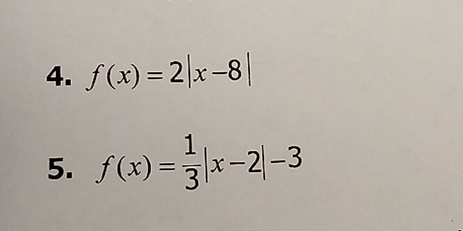 f(x)=2|x-8|
5. f(x)= 1/3 |x-2|-3