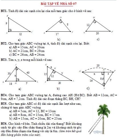 bài tập Vẻ nhà số 07 
BT1, Tinh độ dài các cạnh còn lại của mỗi tam giác cho ở hình vẽ sau: 


a) 
b) 
c) 
BT2. Cho tam giác ABC vuông tại A, tính độ dài cạnh còn lại. Biết: 
a) AB=15cm, AC=20cm
b) AC=21cm, BC=29cm
c) BC=26cm, AB=24cm
BT3. Tìm x, y, z trong mỗi hình vẽ sau: 
a) 
b) 
BT4. Cho tam giác ABC vuông tai A, đường cao AH (HeBC). Biết AB=12cm, AC=
9cm, AH=7, 2cm.. Tinh độ dài các đoạn thăng BC, BH, CH? 
BT5. Cho tam giác ABC có độ dài các cạnh lần lượt như sau, 
chứng tỏ tam giác ABC vuông 
a) AB=5cm, AC=12, BC=13cm
a) AB=8cm, AC=15cm, BC=17cm
b) AB=15cm, AC=20cm, BC=25cm
BT6, Cho hình về bên. Tinh chiều dài của thang? Biết khoảng 
cách từ gốc cây đến chân thang là 2m và khoảng cách từ gốc 
cây đến điệm chạm của thang với cây là 6m. (làm tròn kết quả 
đến hàng phần trăm của mét).
