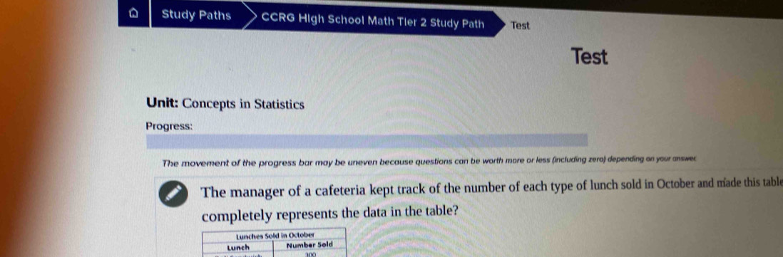 Study Paths CCRG High School Math Tier 2 Study Path Test 
Test 
Unit: Concepts in Statistics 
Progress: 
The movement of the progress bar may be uneven because questions can be worth more or less (including zero) depending on your answe 
I The manager of a cafeteria kept track of the number of each type of lunch sold in October and made this table 
completely represents the data in the table? 
Lunches Sold in October 
Lunch Number Sold
100