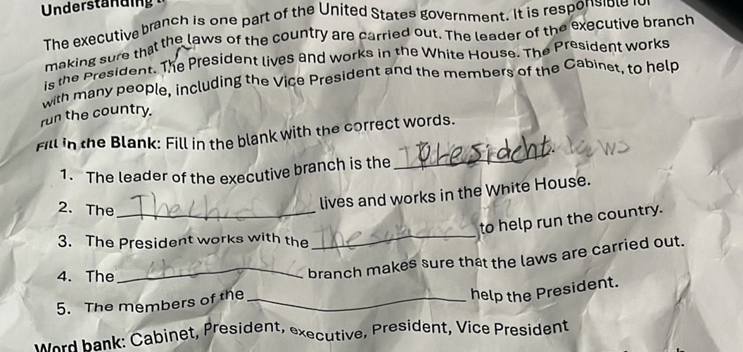 The executive branch is one part of the United States government. It is responsible for 
making sure that the laws of the country are carried out. The leader of the executive branch 
is the President. The President lives and works in the White House. The President works 
with many people, including the Vice President and the members of the Cabinet, to help 
run the country. 
Fill in the Blank: Fill in the blank with the correct words. 
1. The leader of the executive branch is the 
_ 
2. The_ 
lives and works in the White House. 
to help run the country. 
3. The President works with the_ 
4. The 
_branch makes sure that the laws are carried out. 
5. The members of the_ 
help the President. 
Word bank: Cabinet, President, executive, President, Vice President