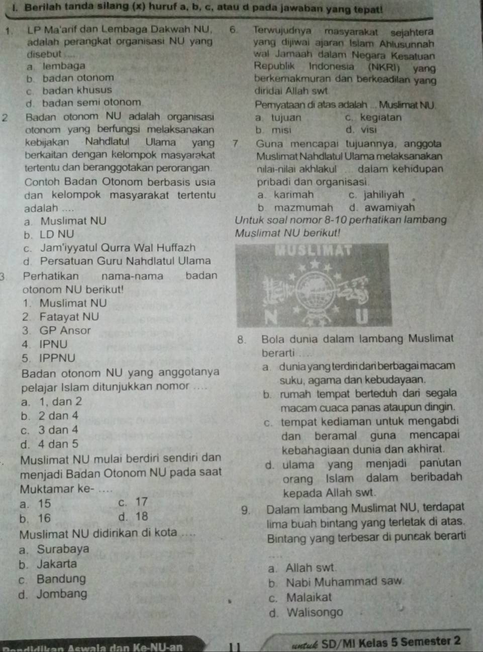 Berilah tanda silang (x) huruf a, b, c, atau d pada jawaban yang tepat!
1. LP Ma'arif dan Lembaga Dakwah NU, 6 Terwujudnya masyarakat sejahtera
adalah perangkat organisasi NU yang yang dijiwai ajaran Islam Ahlusunnah
disebut wal Jamaah dalam Negara Kesatuan
a lembaga Republik Indonesia (NKRI) yang
b badan otonom berkemakmuran dan berkeadilan yang
c. badan khusus diridai Allah swt
d badan semi otonom Pernyataan di atas adalah ... Muslimat NU
2 Badan otonom NU adalah organisasi a tujuan c.kegiatan
otonom yang berfungsi melaksanakan b misi d. visi
kebijakan Nahdlatul Ulama yang 7  Guna mencapai tujuannya, anggota
berkaitan dengan kelompok masyarakat Muslimat Nahdlatul Ulama melaksanakan
tertentu dan beranggotakan perorangan. nilai-nilai akhlakul dalam kehidupan
Contoh Badan Otonom berbasis usia pribadi dan organisasi.
dan kelompok masyarakat tertentu a karimah c. jahiliyah
adalah .... b mazmumah d. awamiyah
a Muslimat NU Untuk soal nomor 8-10 perhatikan lambang
b. LD NU Muslimat NU berikut!
c. Jam'iyyatul Qurra Wal Huffazh
d. Persatuan Guru Nahdlatul Ulama
3 Perhatikan nama-nama badan
otonom NU berikut!
1. Muslimat NU
2 Fatayat NU
3. GP Ansor
4. IPNU 8. Bola dunia dalam lambang Muslimat
5. IPPNU
berarti
Badan otonom NU yang anggotanya a dunia yang terdiri dari berbagai macam
suku, agama dan kebudayaan.
pelajar Islam ditunjukkan nomor ....
b. rumah tempat berteduh dari segala
a. 1, dan 2
b. 2 dan 4 macam cuaca panas ataupun dingin.
c. 3 dan 4 c. tempat kediaman untuk mengabdi
dan beramal guna mencapai
d. 4 dan 5
Muslimat NU mulai berdiri sendiri dan kebahagiaan dunia dan akhirat.
menjadi Badan Otonom NU pada saat d. ulama yang menjadi panutan
Muktamar ke-   _orang Islam dalam beribadah
a. 15 c. 17 kepada Allah swt.
b. 16 d. 18 9. Dalam lambang Muslimat NU, terdapat
lima buah bintang yang terletak di atas.
Muslimat NU didirikan di kota ....
Bintang yang terbesar di puncak berarti
a. Surabaya
b. Jakarta
a. Allah swt.
c. Bandung
b Nabi Muhammad saw
d. Jombang
c. Malaikat
d. Walisongo
Ä ikan Aswala dan Ke-NU-an 1 1   n ué SD/MI Kelas 5 Semester 2