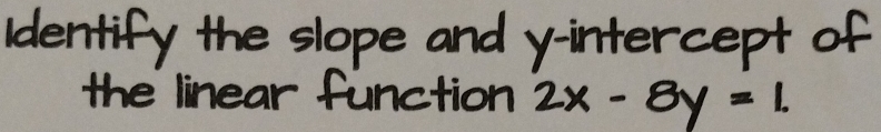 ldentify the slope and y-intercept of 
the linear function 2x-By=1.