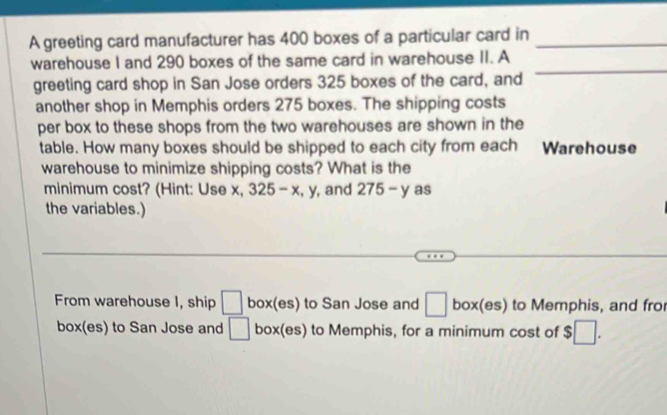 A greeting card manufacturer has 400 boxes of a particular card in_ 
warehouse I and 290 boxes of the same card in warehouse II. A 
greeting card shop in San Jose orders 325 boxes of the card, and 
_ 
another shop in Memphis orders 275 boxes. The shipping costs 
per box to these shops from the two warehouses are shown in the 
table. How many boxes should be shipped to each city from each Warehouse 
warehouse to minimize shipping costs? What is the 
minimum cost? (Hint: Use x, 325-x , y, and 275-y a as 
the variables.) 
From warehouse I, ship □ box(es) to San Jose and □ box(es) to Memphis, and fro 
box(es) to San Jose and □ box(es) to Memphis, for a minimum cost of $□.