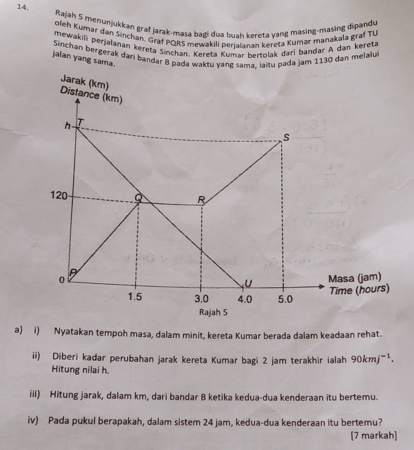 Rajah 5 menunjukkan graf jarak-masa bagi dua buah kereta yang masing-masing dipandu 
oleh Kumar dan Sinchan. Graf PQRS mewakili perjalanan kereta Kumar manakala graf TU 
mewakili perjalanan kereta Sinchan. Kereta Kumar bertolak dari bandar A dan kereta 
Sinchan bergerak dari bandar B pada waktu yang sama, iaitu pada jam 1130 dan melalui 
jalan yang sama. 
a) i) Nyatakan tempoh masa, dalam minit, kereta Kumar berada dalam keadaan rehat. 
ii) Diberi kadar perubahan jarak kereta Kumar bagi 2 jam terakhir ialah 90kmj^(-1). 
Hitung nilai h. 
iii) Hitung jarak, dalam km, dari bandar B ketika kedua-dua kenderaan itu bertemu. 
iv) Pada pukul berapakah, dalam sistem 24 jam, kedua-dua kenderaan itu bertemu? 
[7 markah]