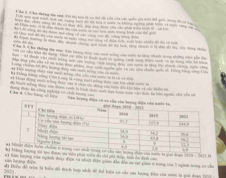 Cho thông tin sau: Đô thị hóa là xu thể tất yếu của các quốc gia trên thể giới, trong đó có Vư s.
Trải qua quả trình lịch sử, mạng lưới đô thị hóa ở nước ta không ngừng phát triển và ngày càng văn m
hiện đại, chức năng đô thị cô thay đỏi, đấp ứng được yêu cầu phát triển kinh that o-xhat a hội
a) Hiện nay, tí lệ dân thành thị của nước ta cao hơn mức trung bình của thế giới.
b) Lổi sống đô thị được mở rộng về các vùng ven đô, vũng nông thôn
c) Quy mô đô thị của nước ta ngày căng mở rộng về diện tích, xuất hiện nhiều đô thị vệ tinh
siêu đô thị.
d) Định hướng là thúc đây nhanh chóng quá trình đô thị hoá, tăng nhanh tỉ lệ dân đô thị, xây dựng nhiều
Câu 3, Cho thông tin sau: Sản lượng thủy sân nuôi trồng của nước ta tăng nhanh trong những năm gần đây
với cơ cầu khả đa dạng. Nhờ cái tiến kĩ thuật nuôi từ quảng canh sang thâm canh và ấp dụng tiền bộ khoa
học - kĩ thuật vào nuôi trồng nên sản lượng, chất lượng thuy sản nước ta tăng lên nhanh chóng, ngày cảng
đấp ứng yêu cầu về an toàn thực phẩm, truy xuất nguồn gốc và các tiêu chuẩn quốc tế, Đồng bằng sông Cứu
Long chiếm 69,8% lượng thủy sản nuối trồng của cả nước.
a) Đội tượng thủy sản nuôi trồng chủ yếu của nước ta là cá và tồm.
b) Đồng bằng sông Cửu Long là vùng nuôi trồng thủy sản lớn nhất nước ta
c) Hoạt động nuôi trồng thủy sản ít chịu tác động của biên đổi khi hậu và các thiên tai.
d) Nuôi trồng thủy sân thâm canh là hình thức nuôi dựa hoàn toàn vào thức ăn bên ngoài, chủ yếu sử
dụng thức ăn công nghiệp có chất lượng cao.
Câu 4. Cho bảng số liệu: Sản l
c ta giai đoạn 2010-2021.B
ên phát triển do chi phí thấp, tính ổn định cao.
c) Sản lượng của ngành thủy điện và nhiệt điện giảm dẫn đến sự sụt giảm tí trọng của 2 ngành trong cơ cấu
sản lượng điện.
2021. d) Biểu đồ tròn là biểu đồ thích hợp nhất để thể hiện cơ cấu sản lượng điện của nước ta giai đoạn 2010 -
Phàn hi