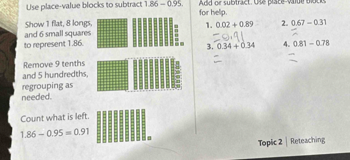 Use place-value blocks to subtract 1.86-0.95. Add or subtract. Use place-value blocks 
for help. 
Show 1 flat, 8 longs, 1. 0.02+0.89 2. 0.67-0.31
and 6 small squares 
to represent 1.86. 4. 0.81-0.78
3. 0.34+0.34
Remove 9 tenths 
and 5 hundredths 
regrouping as 
needed. 
Count what is left.
1.86-0.95=0.91
Topic 2 | Reteaching