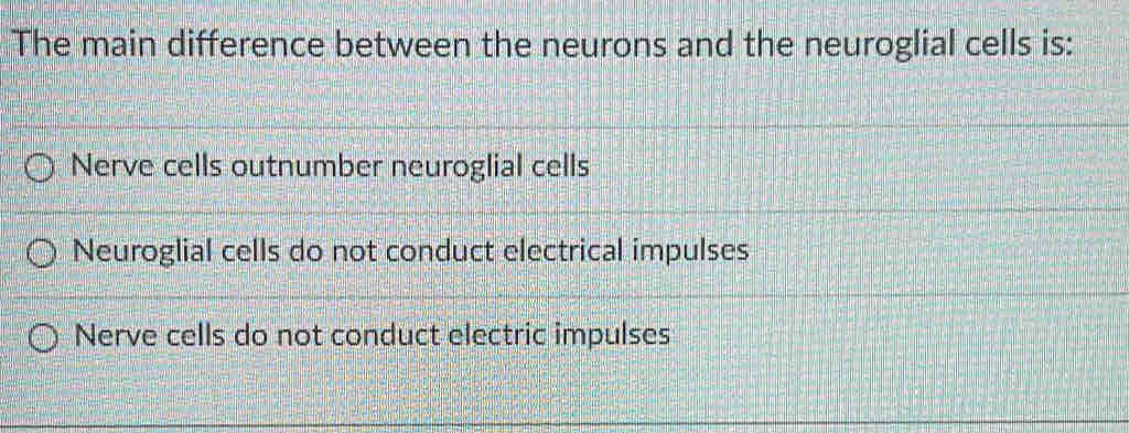 The main difference between the neurons and the neuroglial cells is:
Nerve cells outnumber neuroglial cells
Neuroglial cells do not conduct electrical impulses
Nerve cells do not conduct electric impulses