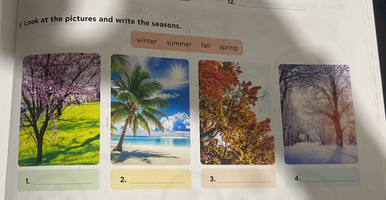 Look at the pictures and write the seasons. 
winter summer fall spring 
1._ 
2._ 
3._ 
A._