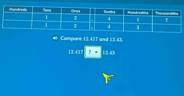 Compare 12.417 and 12.43. 
I 2.417 ? 12 2.43
∴ △ ADC