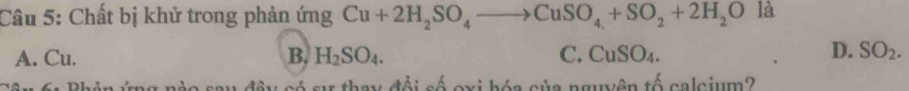 Chất bị khử trong phản ứng Cu+2H_2SO_4to CuSO_4+SO_2+2H_2O là
D.
A. Cu. B. H_2SO_4. C. CuSO_4. SO_2. 
sự thay đổi số oxi hóa của nguyên tố calcium?