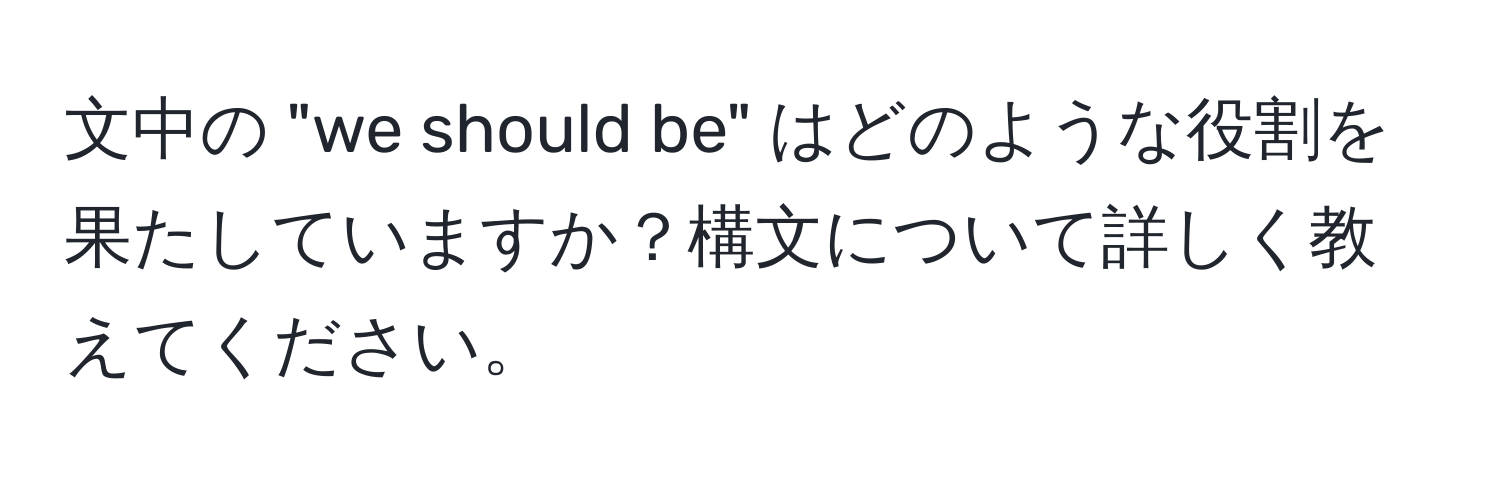 文中の "we should be" はどのような役割を果たしていますか？構文について詳しく教えてください。